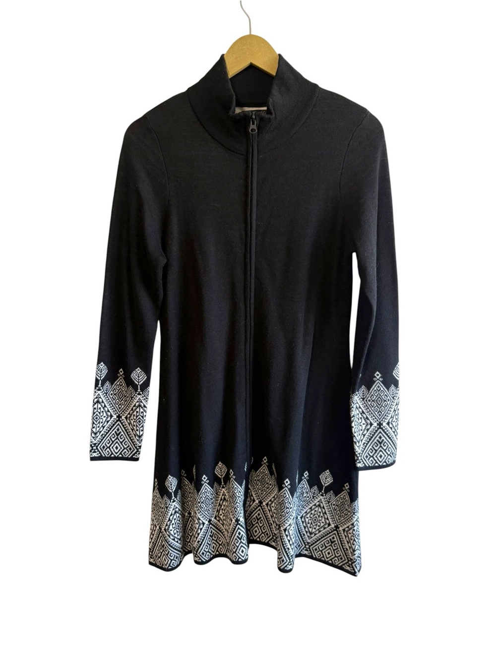 Icelandic Designs Size Small Black White Merino Wool Zip Up Dress Knit Winter
